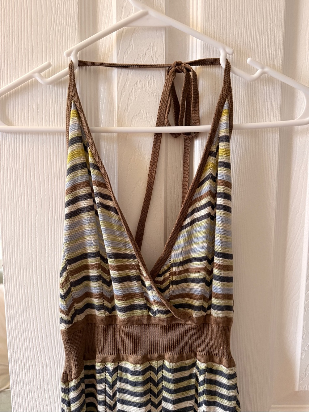 Vintage BCBGMaxAzria Striped Halter Maxi Dress in Brown, Olive and Cream - Picture 2 of 5